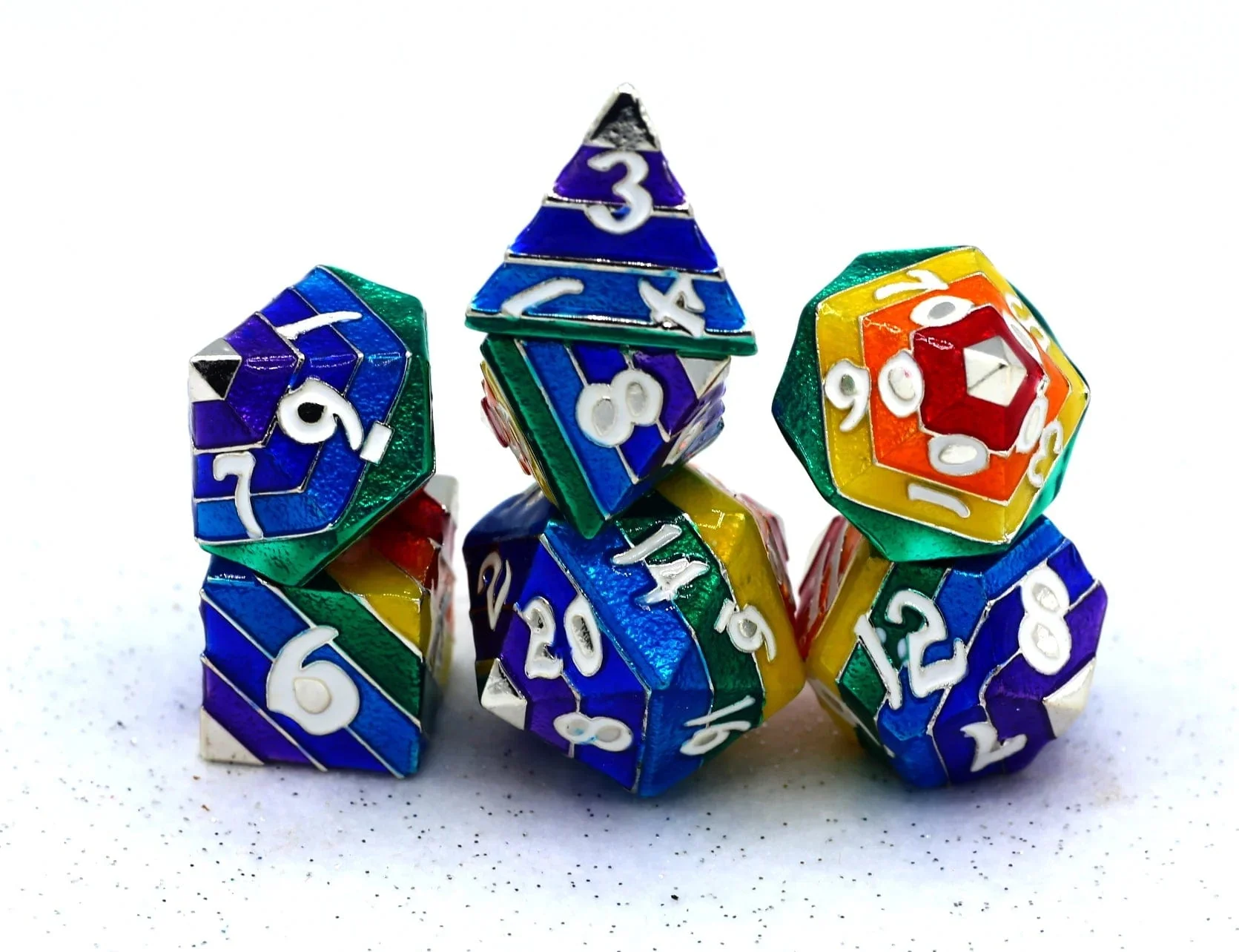 Rainbow Pride solid metal dice set - Silver with White Lettering - Image 3