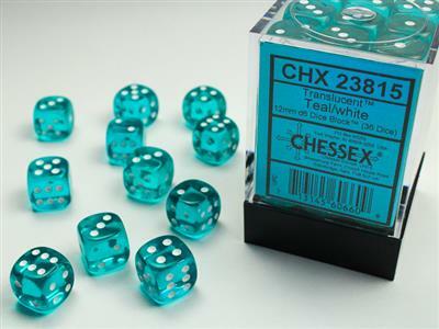Translucent 12mm D6 Teal/white Dice Block™ (36 dice)