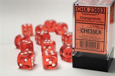 Translucent 16mm D6 Orange/white Dice Block™ (12 dice)