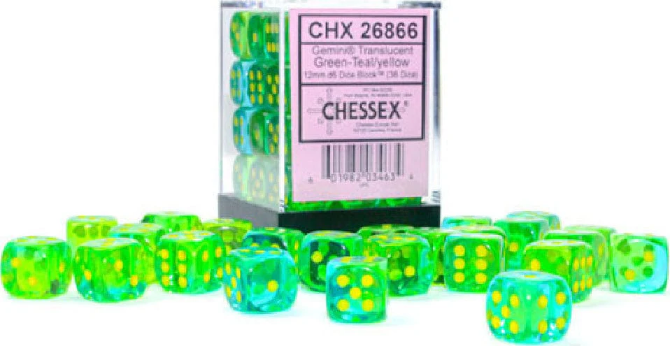 Gemini® 12mm D6 Translucent Green-Teal/yellow Dice Block™ (36 dice) - Image 5