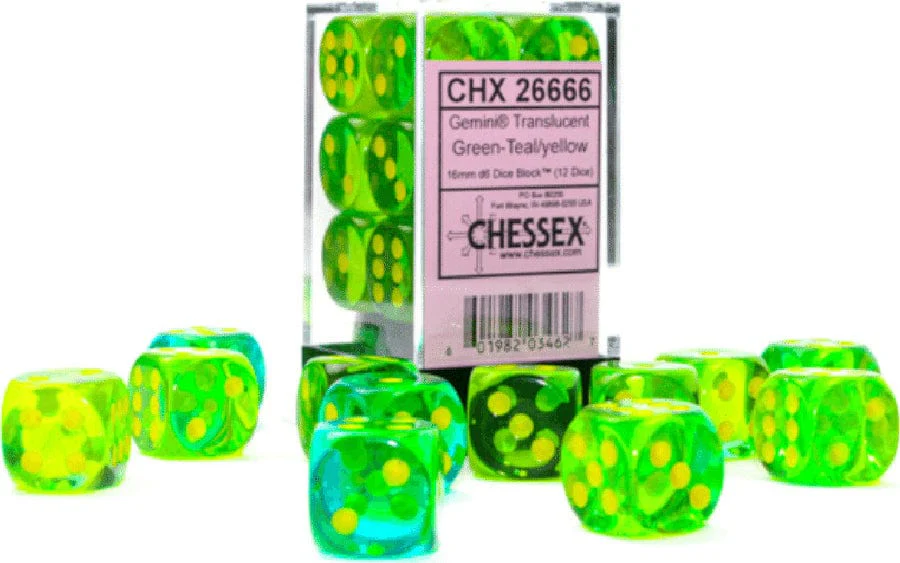 Gemini® 16mm D6 Translucent Green-Teal/yellow Dice Block™ (12 dice)