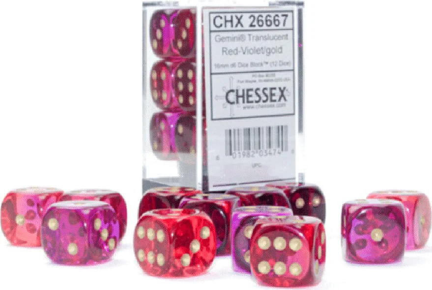Gemini® 16mm D6 Translucent Red-Violet/gold Dice Block™ (12 dice)