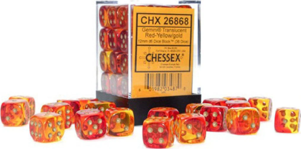 Gemini Translucent Red-Yellow/gold 12mm d6 Dice Block (36 dice)