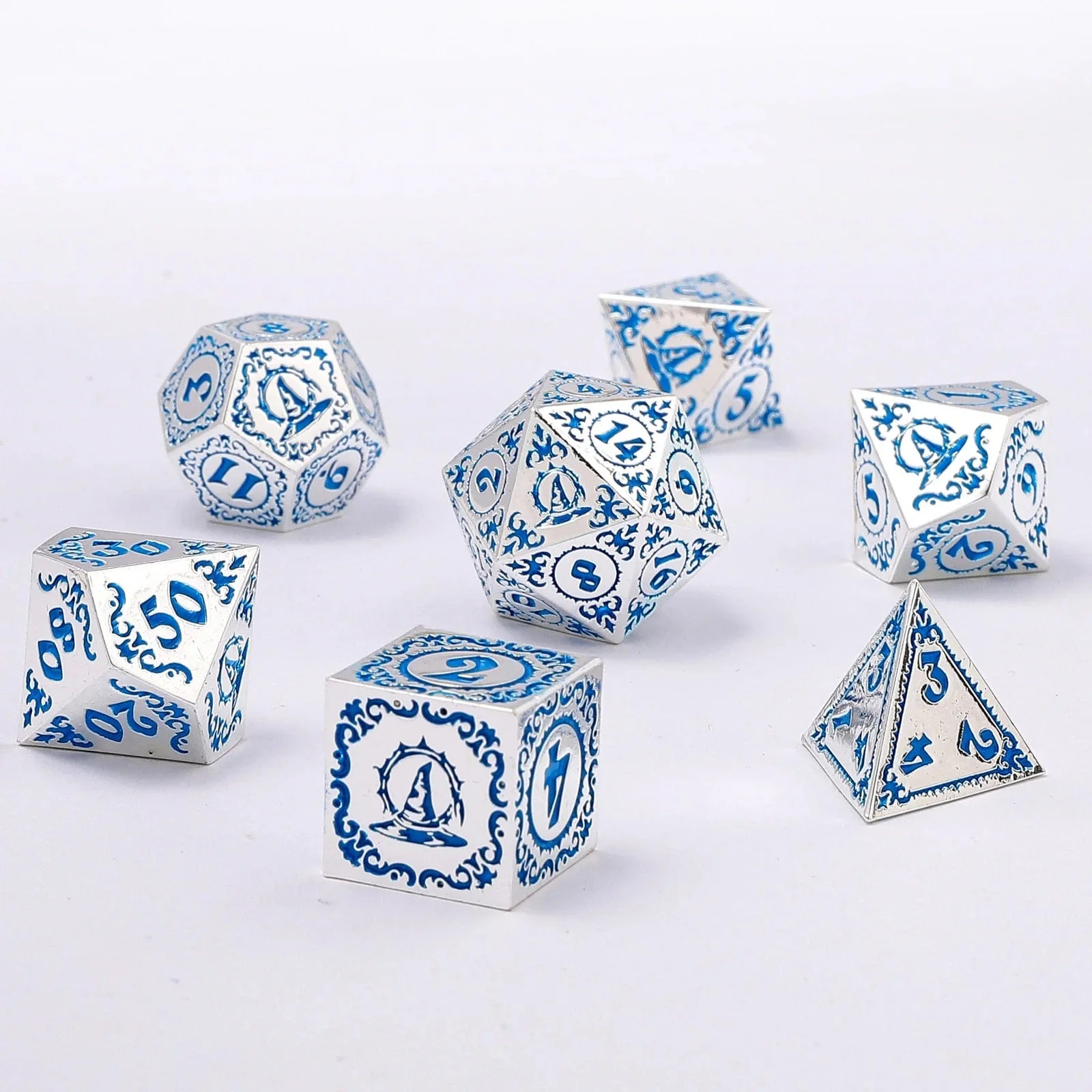 Wizard Solid Metal Polyhedral Dice Set - Silver with Blue - Image 2
